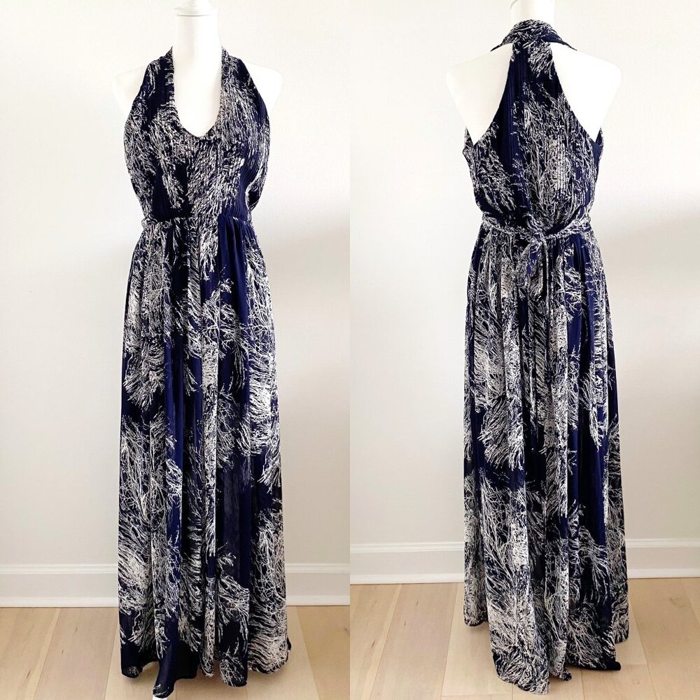 Umgee Floral Maxi Chiffon Dress Navy White